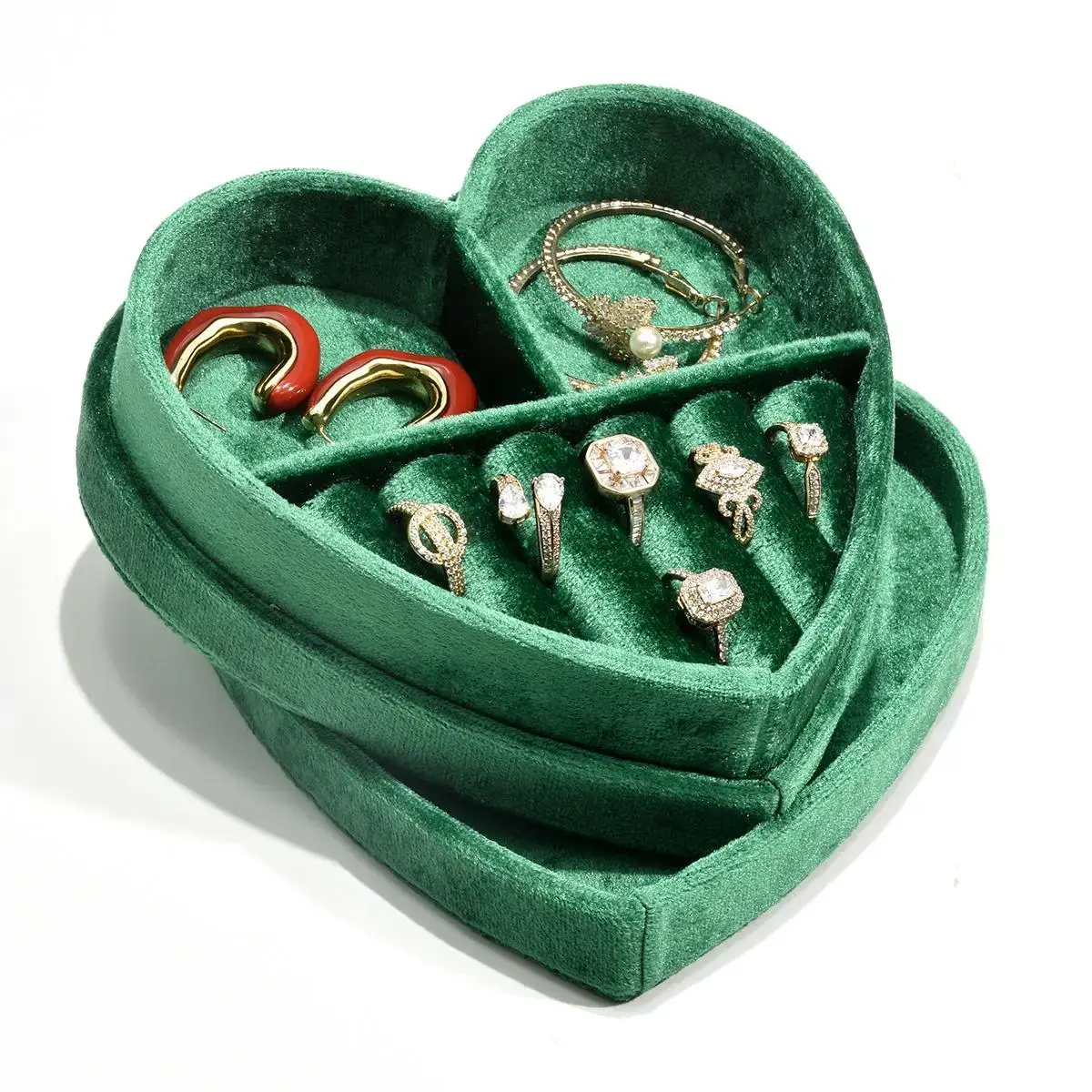 Custom heart-shaped velvet travel jewelry box with logo embossing, removable foam insert, bulk jewelry packaging