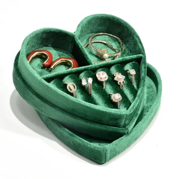 Custom heart-shaped velvet travel jewelry box with logo embossing, removable foam insert, bulk jewelry packaging