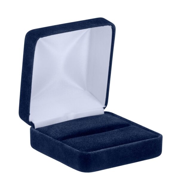 Luxury velveteen double ring box with embossed branding, custom colors, and soft cushioned interior for jewelry retail