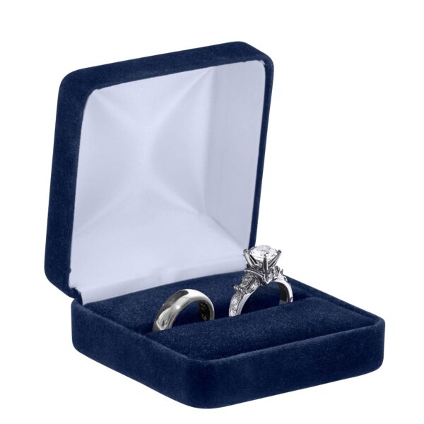 Luxury velveteen double ring box with embossed branding, custom colors, and soft cushioned interior for jewelry retail