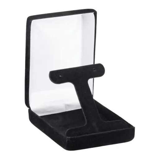 Premium velveteen T-style earring box with custom embossing, foam insert, and branded tissue presentation