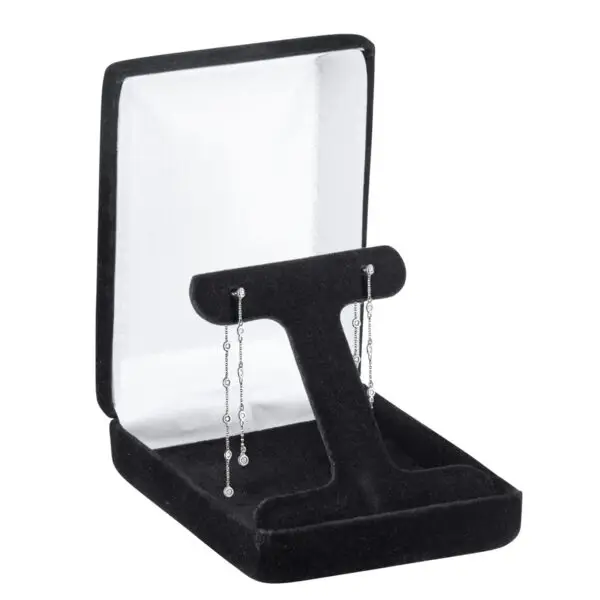 Premium velveteen T-style earring box with custom embossing, foam insert, and branded tissue presentation