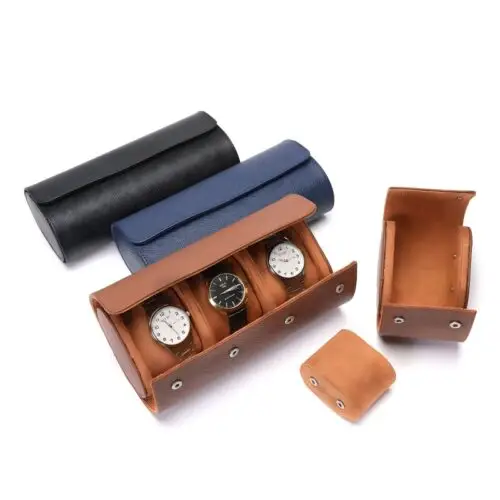 Vintage travel watch roll cases with 1, 2, and 3 slot options, fabric-lined jewelry packaging