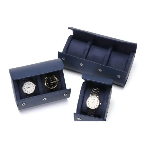 Vintage travel watch roll cases with 1, 2, and 3 slot options, fabric-lined jewelry packaging