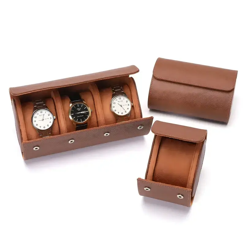 Vintage travel watch roll cases with 1, 2, and 3 slot options, fabric-lined jewelry packaging