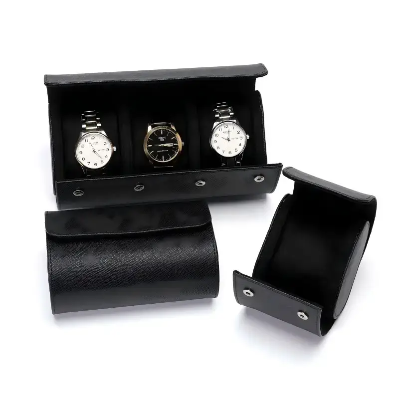 Vintage travel watch roll cases with 1, 2, and 3 slot options, fabric-lined jewelry packaging