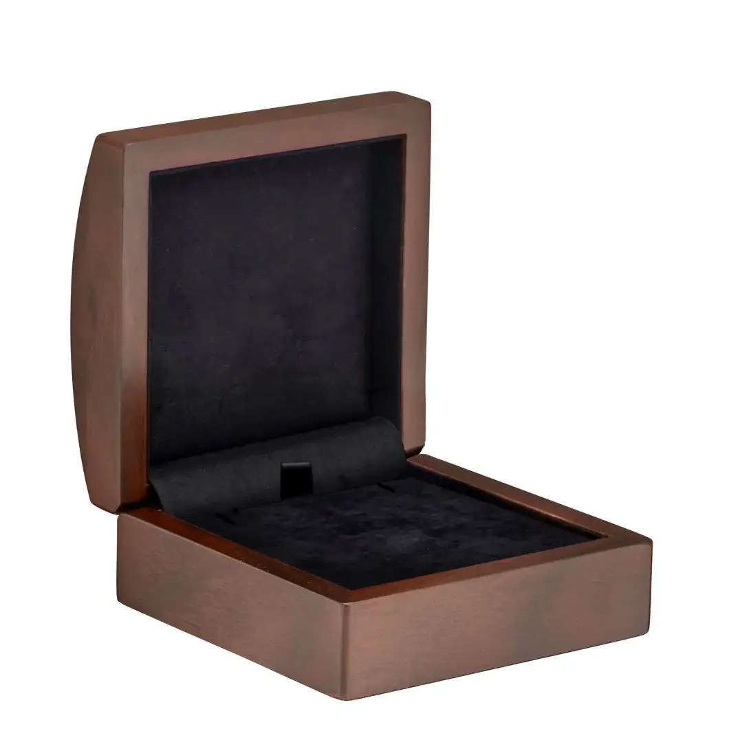 Walnut wood large earring display box with custom logo engraving and T-bar stand, premium jewelry packaging