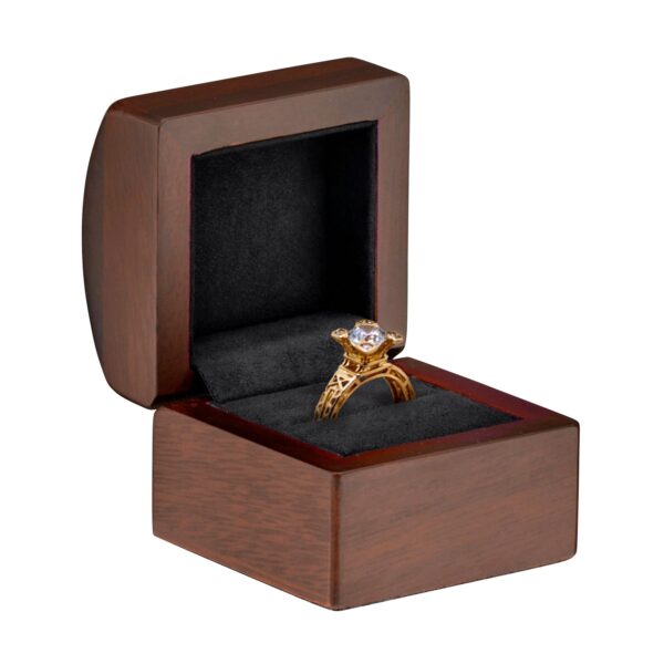 Custom Walnut Wood Ring Box with Personalized Branding – Premium Jewelry Packaging Premium walnut wood ring boxes with custom embossed logo and velvet interior lining for luxury jewelry retail packaging