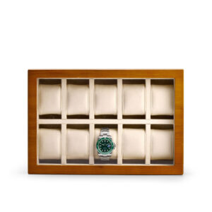 Premium 10-watch custom storage box with velvet dividers and white-label branding for jewelry retailers
