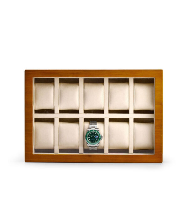 Premium 10-watch custom storage box with velvet dividers and white-label branding for jewelry retailers