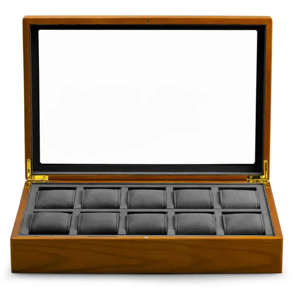 Premium 10-watch custom storage box with velvet dividers and white-label branding for jewelry retailers