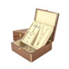 Custom wood jewelry storage box organizer with velvet-lined compartments, removable trays, and engraved branding