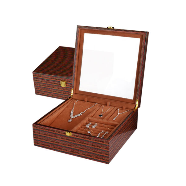 Custom wood jewelry storage box organizer with velvet-lined compartments, removable trays, and engraved branding
