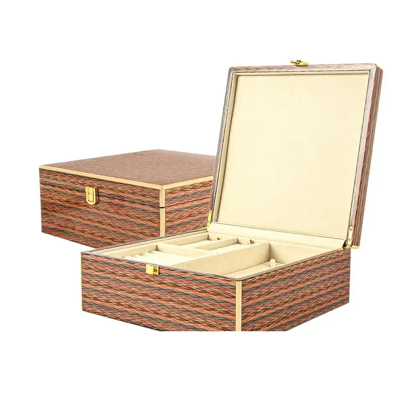 Custom hardwood jewelry travel storage organizer box with velvet lining and laser-engraved branding