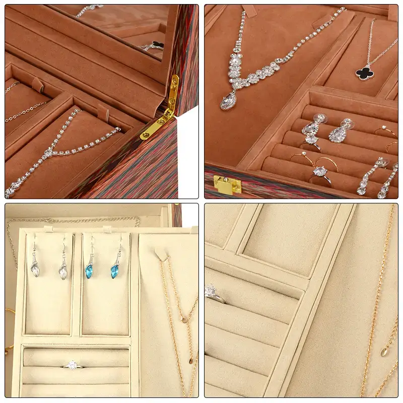 Custom hardwood jewelry travel storage organizer box with velvet lining and laser-engraved branding