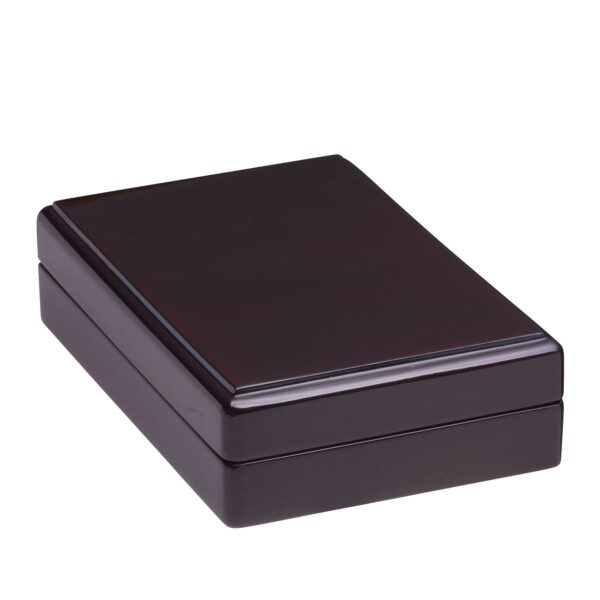 Premium piano wood necklace presentation box with custom velvet insert and embossed logo on lid