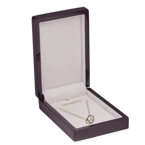 Premium piano wood necklace presentation box with custom velvet insert and embossed logo on lid