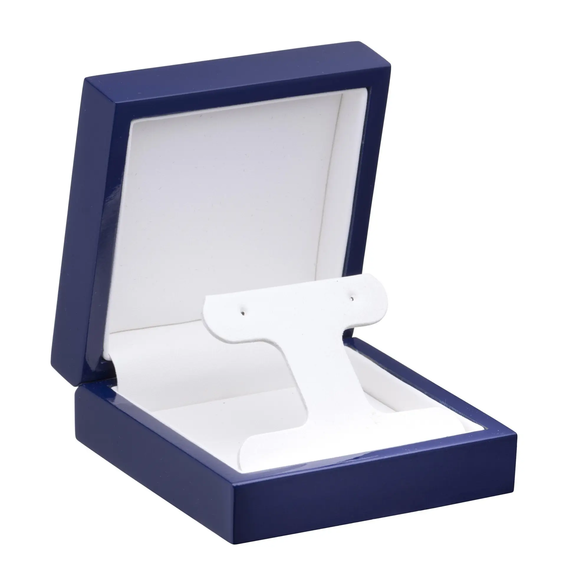 Luxury wooden lacquered T-style earring display box with custom logo branding, premium finish and foam insert