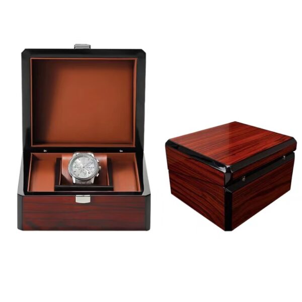 Custom wooden single-watch display box with embossed branding and magnetic closure for jewelry retail packaging