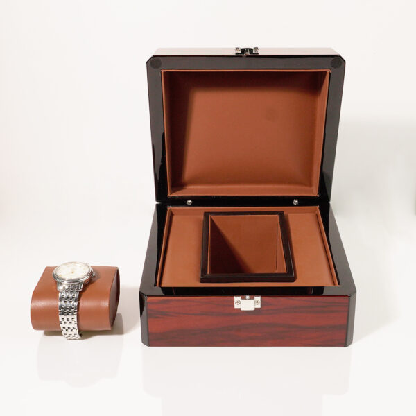 Custom wooden single-watch display box with embossed branding and magnetic closure for jewelry retail packaging