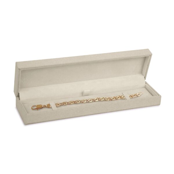 Woven linen bracelet box with soft textile exterior and customizable foam insert for jewelry retail packaging