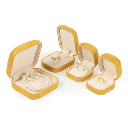 Custom yellow velvet earring box with round corners, adjustable insert, for wholesale jewelry packaging