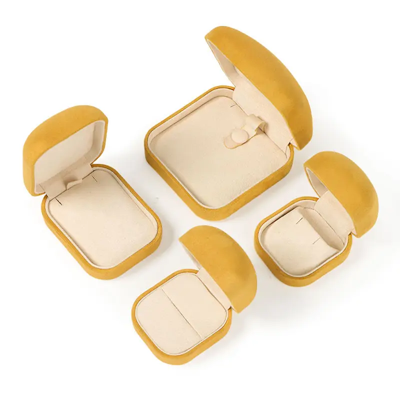 Custom yellow velvet earring box with round corners, adjustable insert, for wholesale jewelry packaging