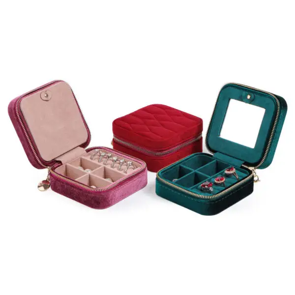 Premium custom zippered jewelry box with rigid structure, zip closure, and branded logo for jewelry brands and retailers.