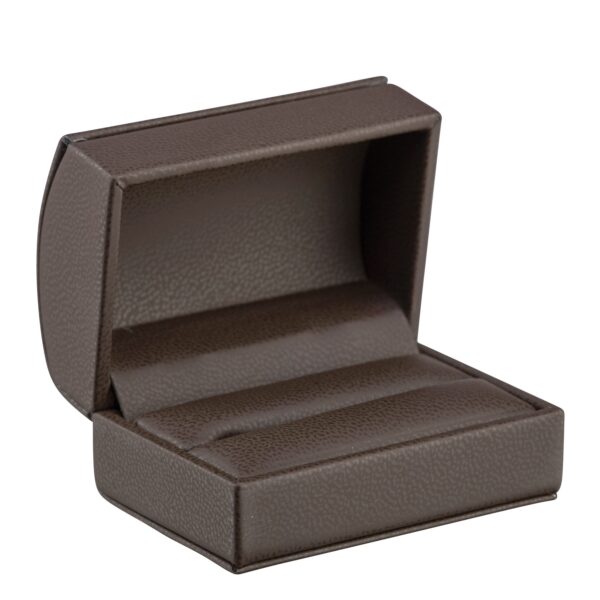 Dome leatherette double ring box with ribbon bow closure, premium jewelry packaging with custom logo branding