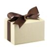 Dome leatherette double ring box with ribbon bow closure, premium jewelry packaging with custom logo branding