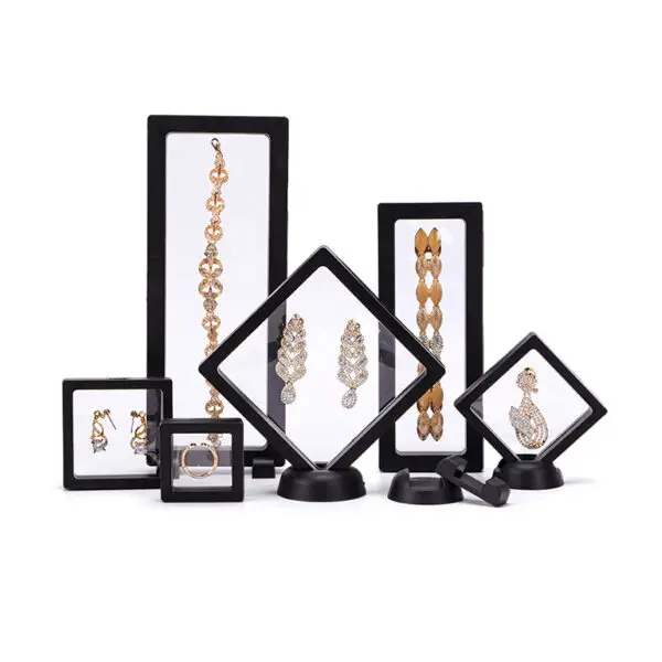 Custom floating jewelry display case with suspension insert design, closed view showing branded exterior packaging