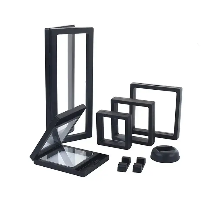 Custom floating jewelry display case with suspension insert design, closed view showing branded exterior packaging