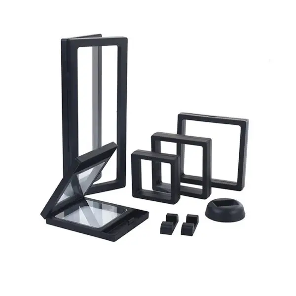 Custom floating jewelry display case with suspension insert design, closed view showing branded exterior packaging