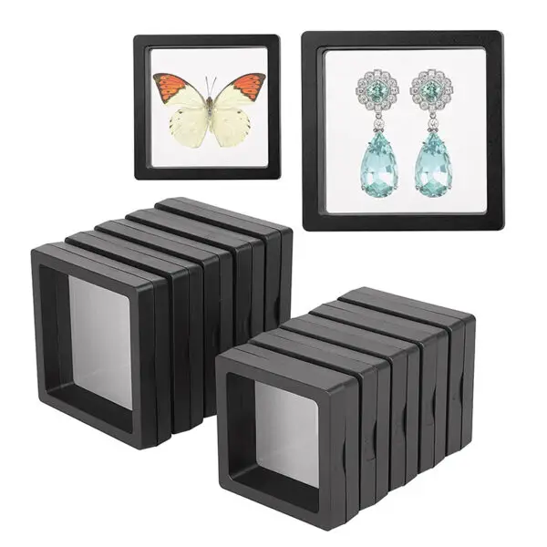 Custom floating jewelry display case with suspension insert design, closed view showing branded exterior packaging
