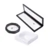 Custom floating jewelry display case with suspension insert design, closed view showing branded exterior packaging
