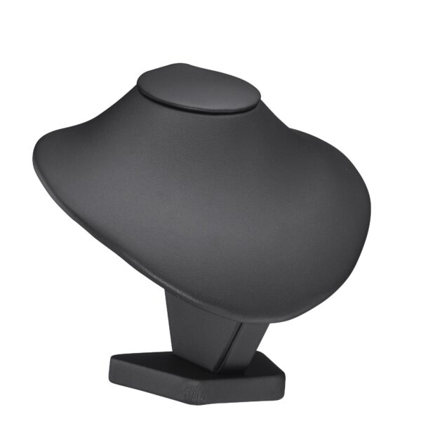 Custom leatherette necklace display stand, medium narrow 4-inch profile in black, ideal for jewelry retail boutique and trade show presentations