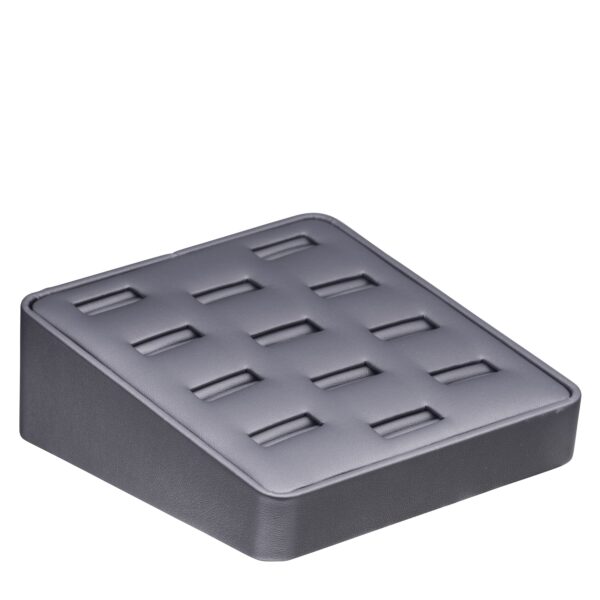 Leatherette 12-ring jewelry display tray with custom logo branding, microsuede interior, professional retail ring holder showcase