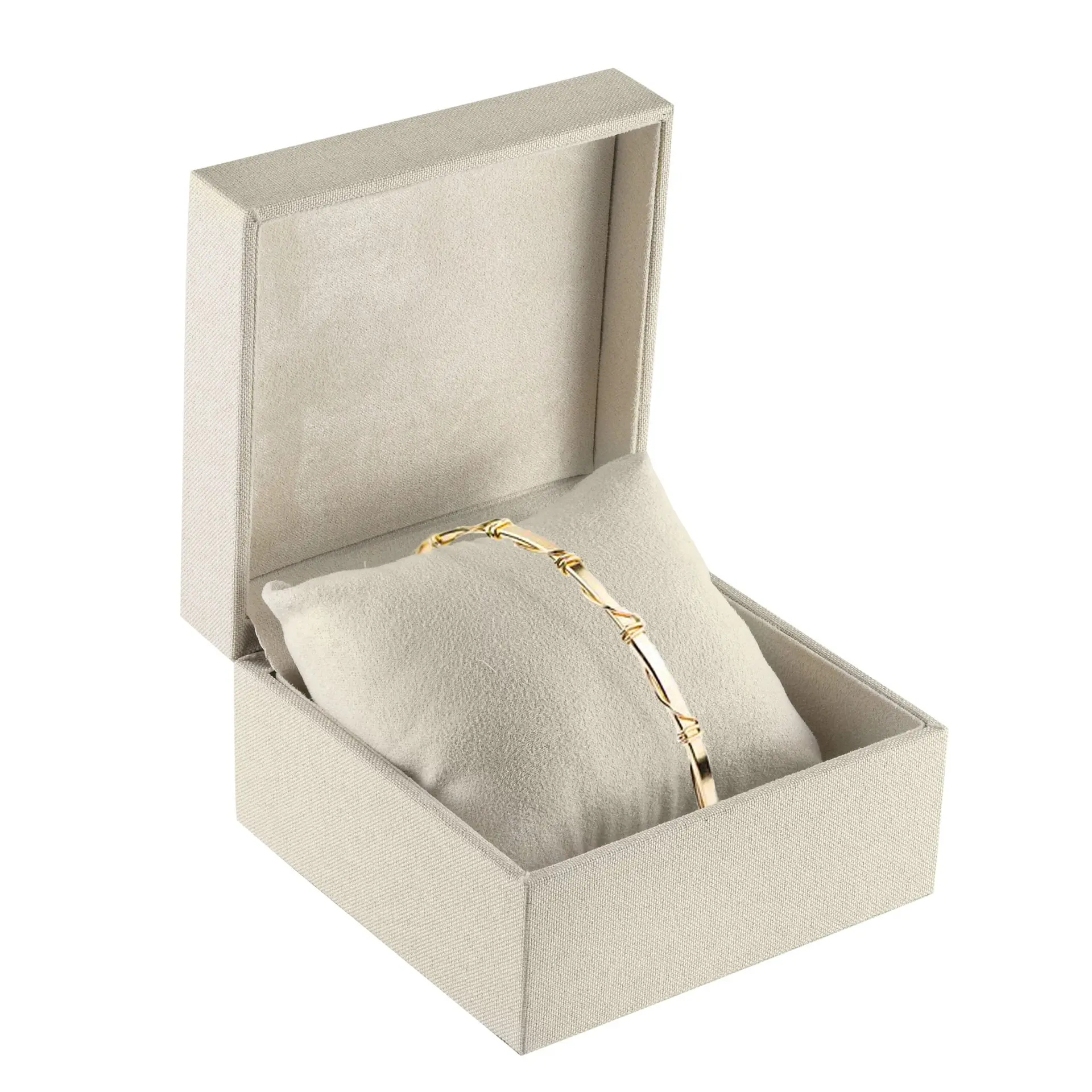 Linen weave pillow box with custom logo branding, premium jewelry display packaging for brands and retailers