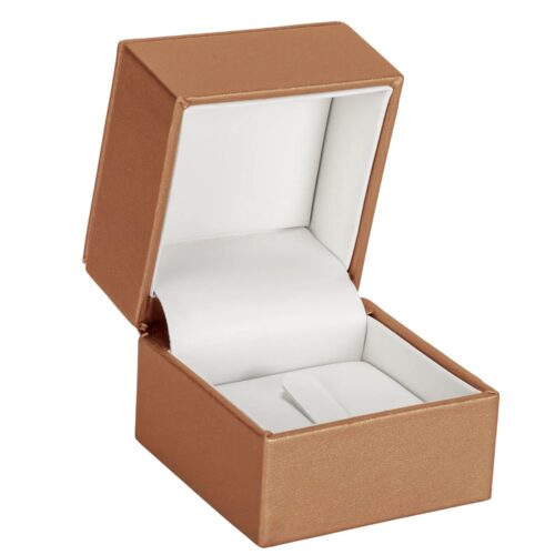Black luxury leather ring clip box with embossed logo and velvet interior for high-end jewelry retail packaging