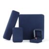 Navy blue velvet earring boxes with custom foam inserts and gold-embossed logo – premium jewelry packaging