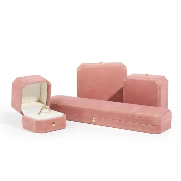 Octagon velvet jewelry boxes for necklaces and pendants with custom logo branding and soft interior lining