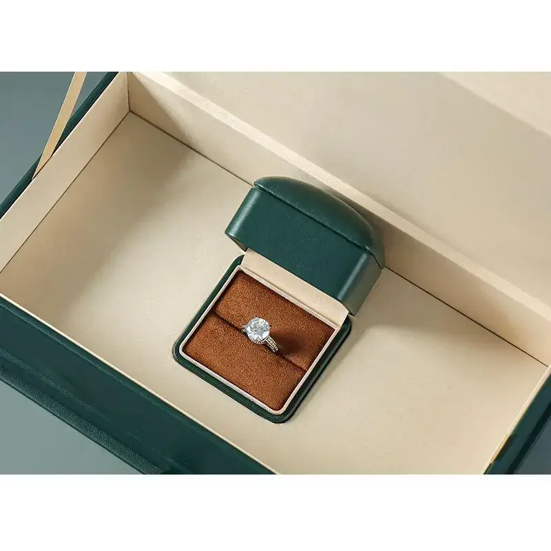 Premium leather ring box with pull-out certificate drawer, custom printed logo, jewelry packaging for brands