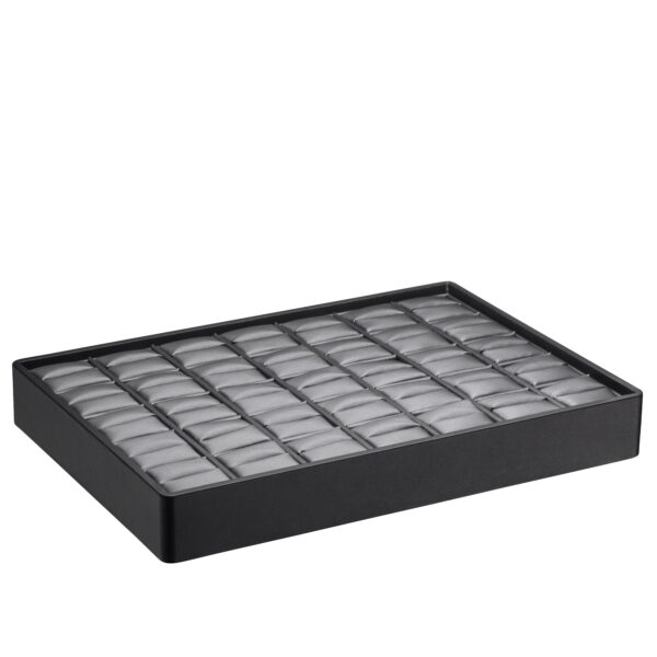 Large stackable leatherette ring display tray with 35 cushioned ring slots and custom branding area