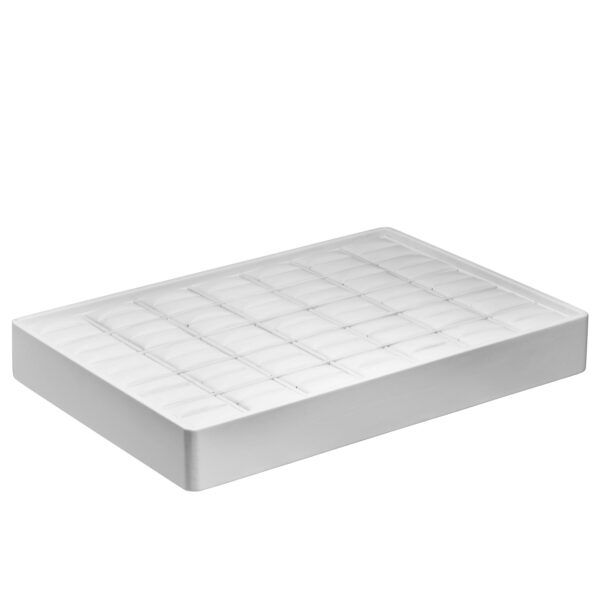 Large stackable leatherette ring display tray with 35 cushioned ring slots and custom branding area