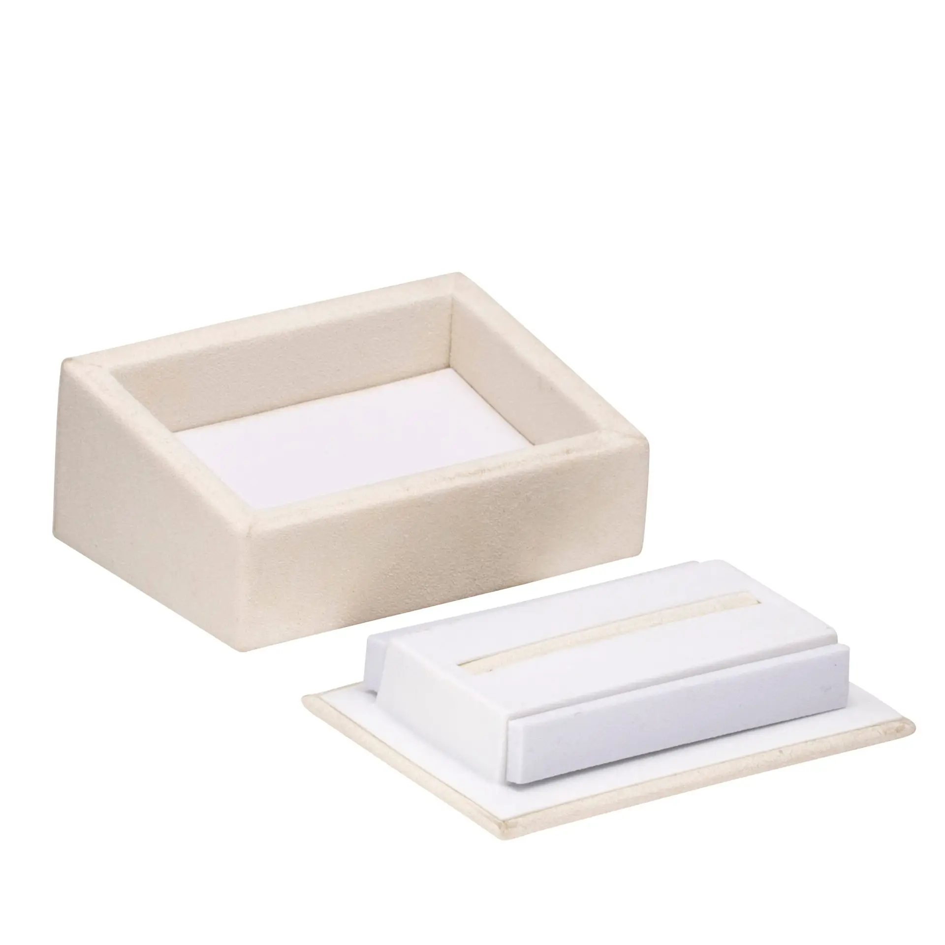 Luxury suede double ring display box with custom jewelry packaging branding and velvet interior