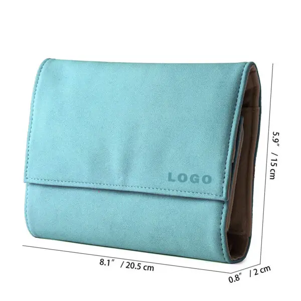 Premium leather travel jewelry organizer roll with multiple compartments, customizable branding