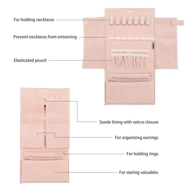 Premium leather travel jewelry organizer roll with multiple compartments, customizable branding