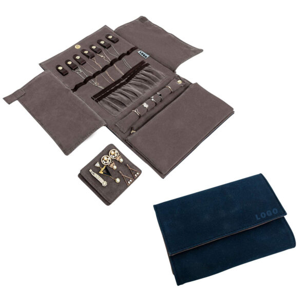 Premium leather travel jewelry organizer roll with multiple compartments, customizable branding