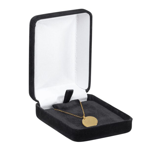 Velveteen pendant gift box with custom logo branding, protective foam interior, and luxury unboxing packaging