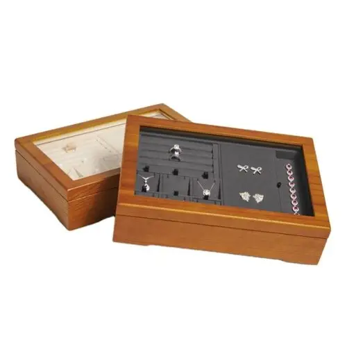 Custom wooden jewelry boxes with soft velvet interior and logo branding for wholesale